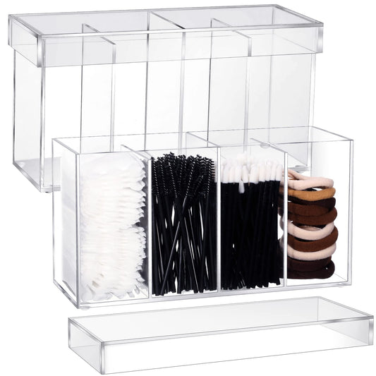 Yulejo 4 Compartment Acrylic Makeup Organizer and Storage with Lid Bathroom Storage with 4 Tray Eyelash Mascara Brushes Organizer Brush Holder for Cosmetics, Cotton Balls or Office Supplies (2 Pack)