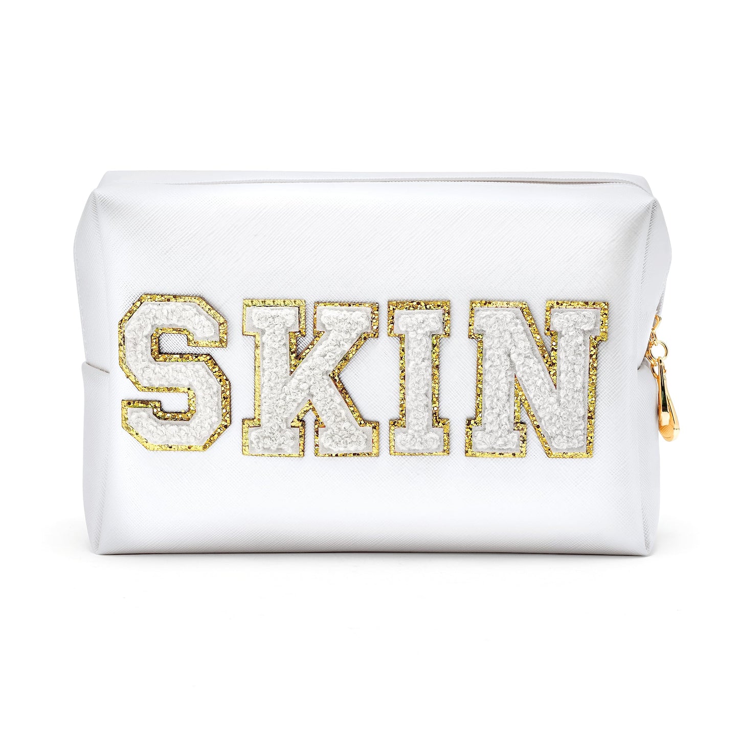 Y1tvei Preppy Patch SKIN White Letter White Cosmetic Toiletry Bag PU Leather Portable Makeup Bag Daily Use Storage Pouch Toiletry Purse Waterproof Organizer for Travel Varsity Women Girls Teens(White)