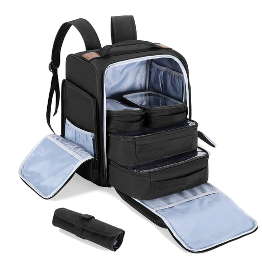 BAFASO Makeup Backpack with 4 Inner Removable Pouches and 1 Makeup Brush Bag, Travel Makeup Case with Multiple Storage Space for Makeup and Hair Supplies, Black