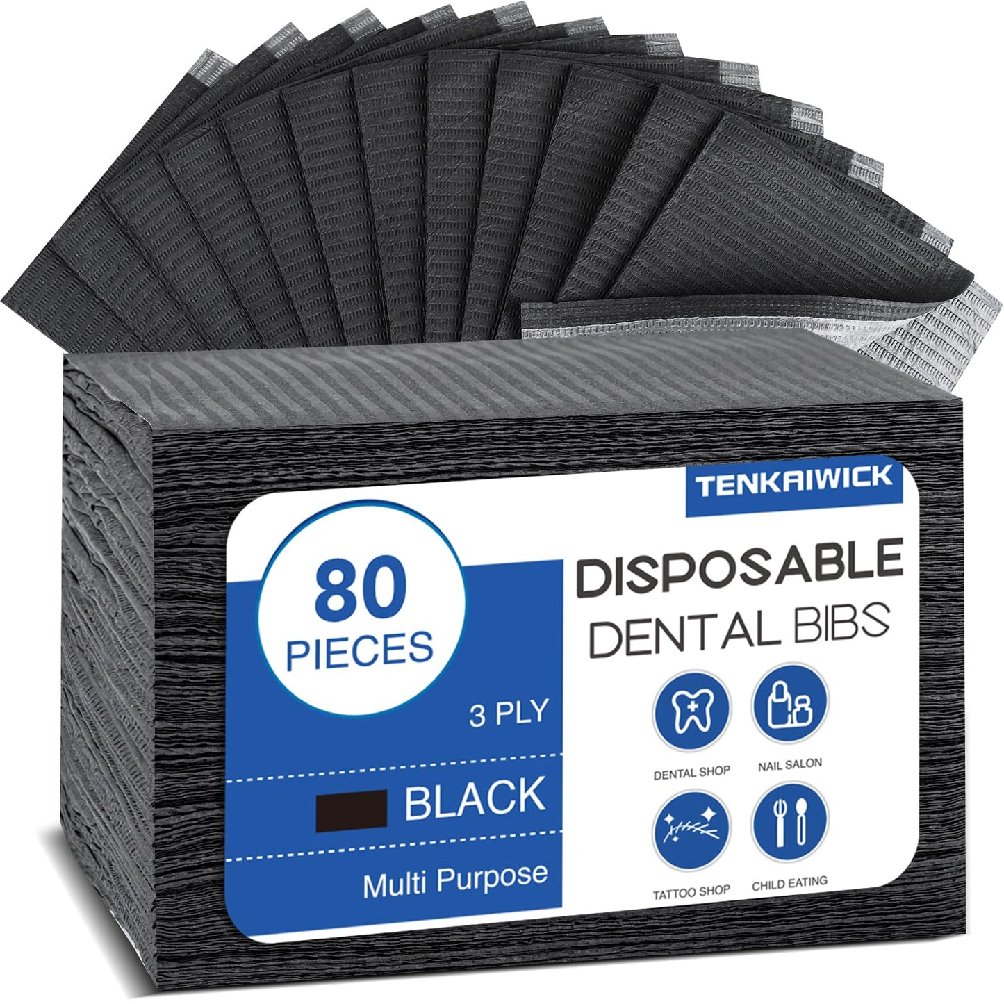 80 Pack Disposable Dental Bibs 13"x18"，3-Ply Waterproof Tattoo Bibs Sheet for Nail Salon，Dental Clinic，Feeding，Tattoo Shop (Black)