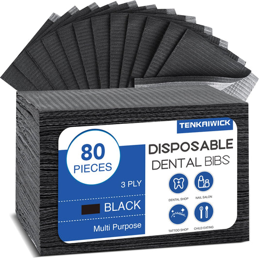 80 Pack Disposable Dental Bibs 13"x18"，3-Ply Waterproof Tattoo Bibs Sheet for Nail Salon，Dental Clinic，Feeding，Tattoo Shop (Black)