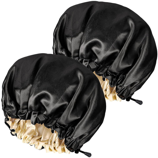 Satin Sleep Cap,Double-Sided Adjustable Sleep Bonnet,Bonnet Cap for Sleep (2 Pack Black)