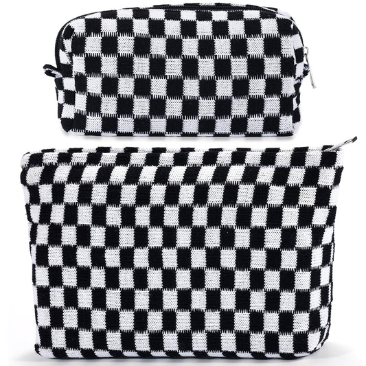 ZLFSRQ 2Pcs Checkered Makeup Bag for Women Large and Small Capacity Black Cosmetic Bag Set Travel Makeup Pouch for Purse Zipper Toiletry Organizer Cute Y2K Aesthetic Trendy Makeup Brushes Storage Bag