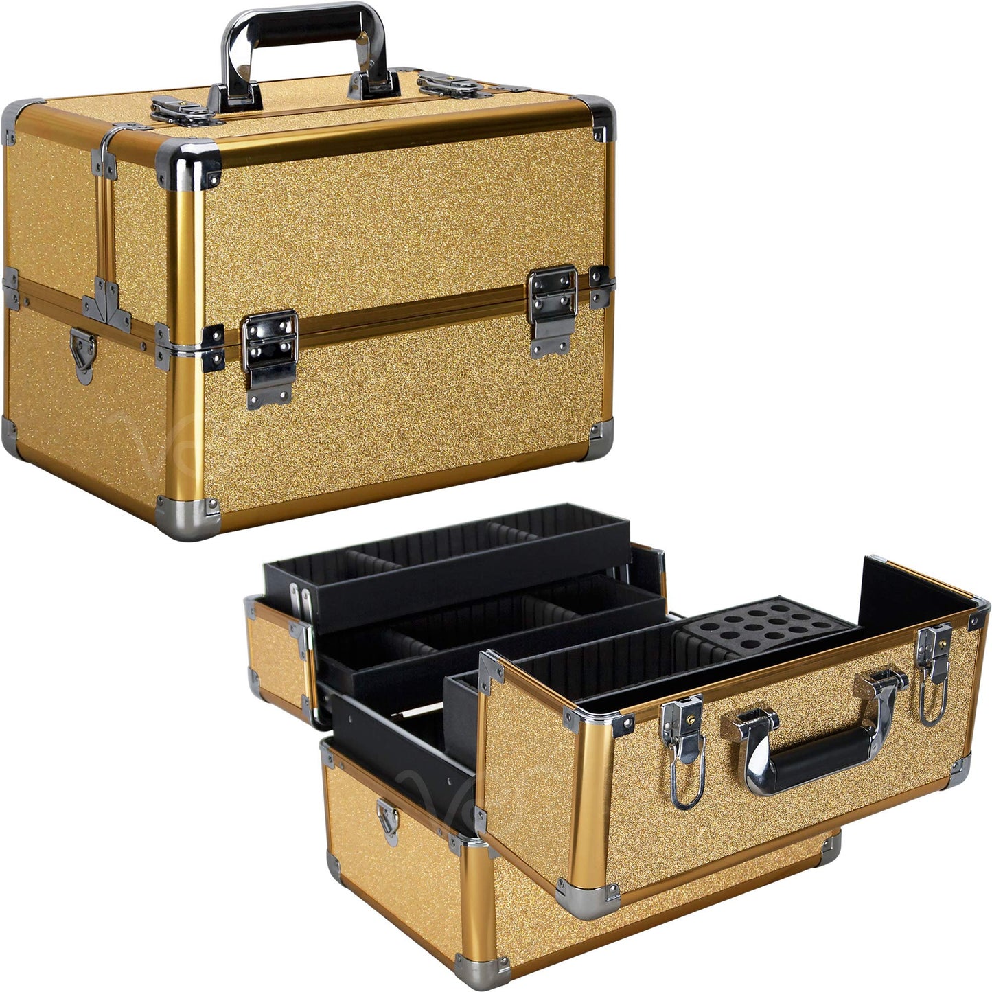 Ver Beauty beauty 3 easy slide extendable trays professional cosmetic makeup train case organizer travel dividers Gold Glitter Vk003-57